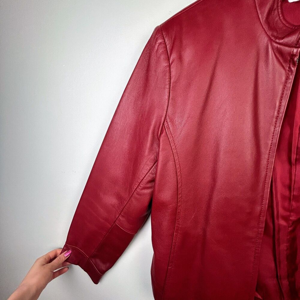 Casual Corner Annex Petite 90's Red Leather Jacket Zip Front Racing Lined M - Picture 6 of 16
